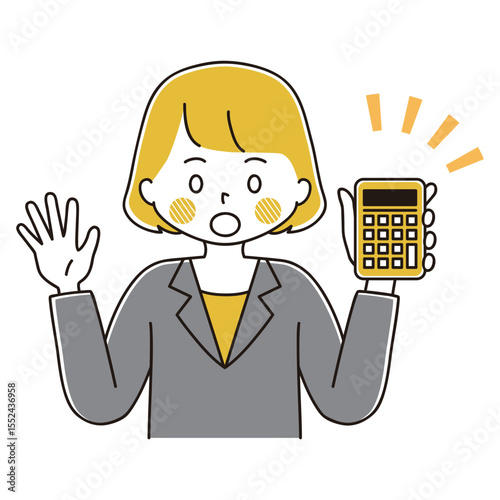 電卓を持つスーツ姿の女性のイラスト　びっくり