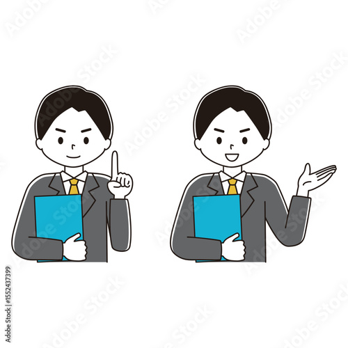 笑顔で案内をするスーツ姿の男性のイラストセット