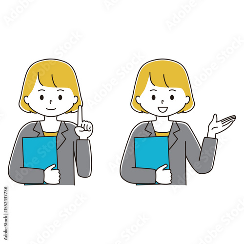 笑顔で案内をするスーツ姿の女性のイラストセット