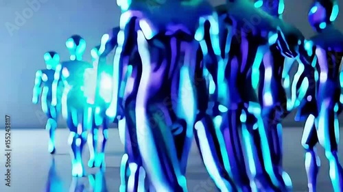 3D model of humanoid robot made of metalic plastic on a neon background.