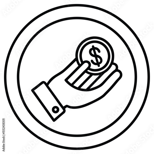 Simple black and white line art icon of a hand giving a coin