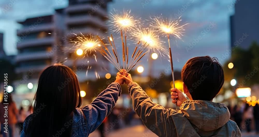 Rear view of two people holding sparklers during nighttime outdoor celebration with fireworks. Cinematic shot of pyrotechnics in the sky