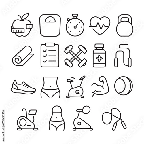 Collection of fitness and health icons including an apple with measuring tape scale stopwatch heartbeat kettle bel yoga mat checklist dumbbells medicine bottle jump rope sneaker and exercise equipment