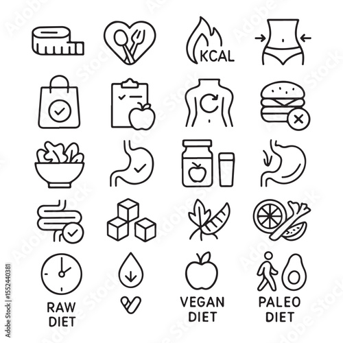 Collection of healthy lifestyle and diet icons with labels for nutrition and wellness.