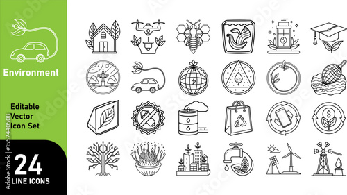 Environment Icon Set – Editable Eco-Friendly Line Icons for Green Energy, Sustainability, and Nature Projects

