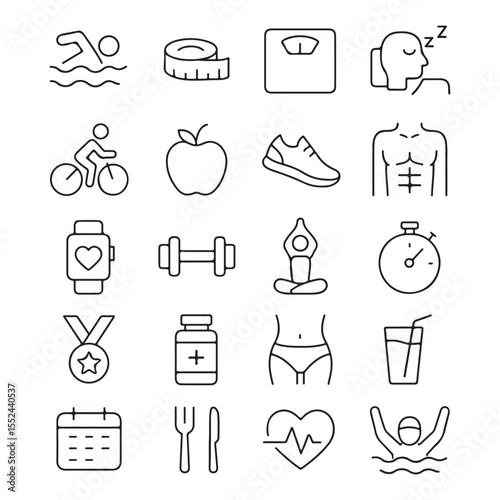 Collection of line art icons representing healthy lifestyle choices and fitness activities