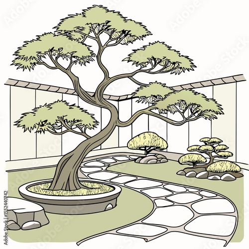 Stylized illustration of a serene japanese garden with bonsai trees