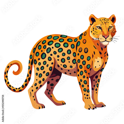 Stylized illustration of a vibrant orange leopard or jaguar with distinctive green spots.