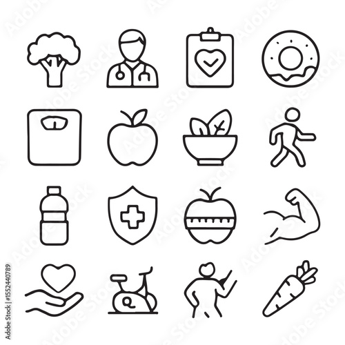  Collection of simple line art icons representing healthy lifestyle choices and medical care.