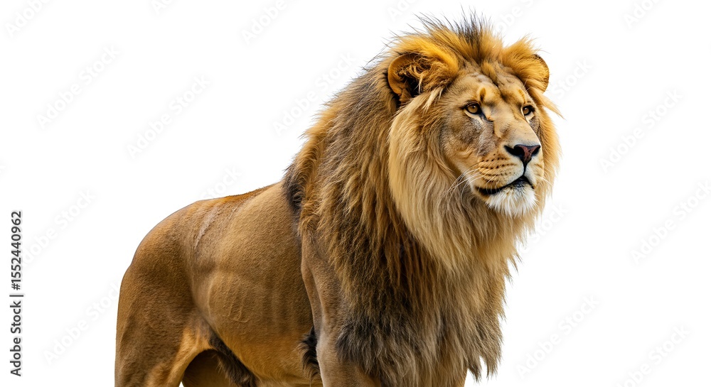 Obraz premium Majestic lion isolated on white background showcasing wildlife beauty and power