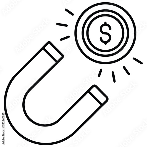 Simple black and white line art icon of a magnet attracting metallic objects