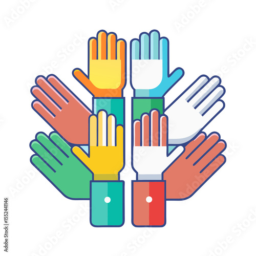 Diverse hands raised together in a colorful display of unity and support