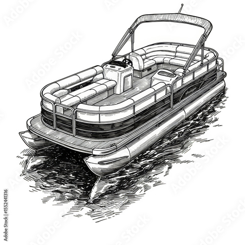 Illustration of White Pontoon Boat on Black and White Water