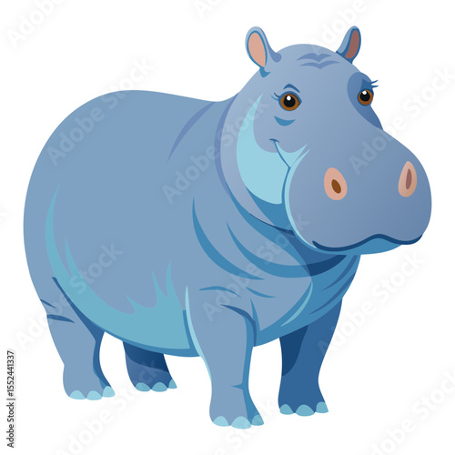 Cute and friendly cartoon illustration of a grey-blue hippopotamus.