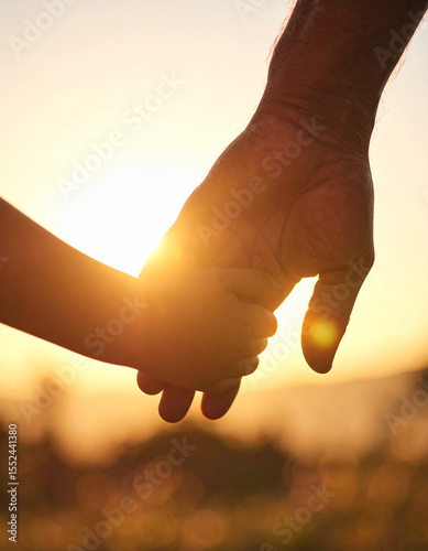 Silhouette of Adult and Child Holding Hands in Nature During Golden Hour, sunset