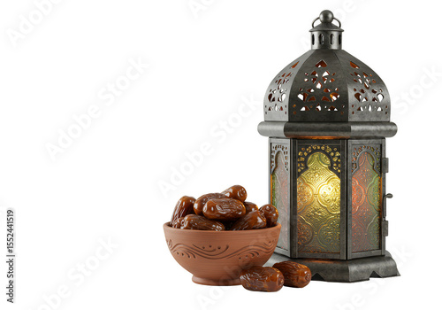 Isolated Background Ramadan Lantern with Dates in a Bowl Decoration