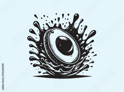 Fresh sliced avocado surrounded by bold, juicy particles and splash effects, clean white backdrop