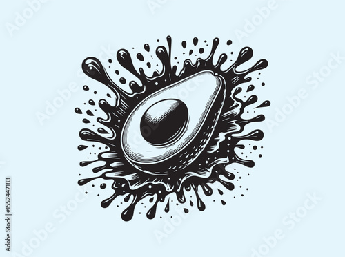 Avocado fruit slice with natural thick splash particles, detailed vibrant illustration for wellness and food marketing