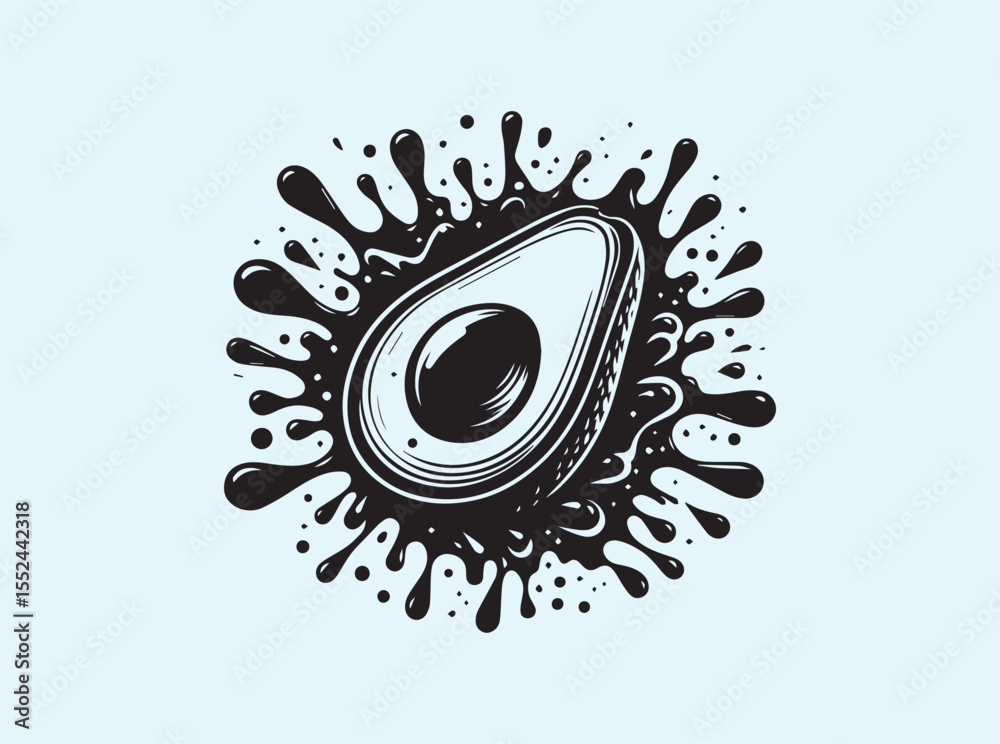 Fresh avocado slice exploding with thick juice splash particles, detailed food vector representing flavor and nutrition