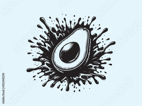 Juicy sliced avocado with thick splash particles bursting outward, vibrant food illustration on clean white background