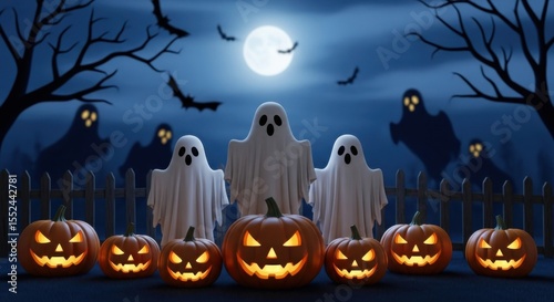 Spooky Halloween Night with Ghosts and Jack-o'-Lanterns Under the Full Moon