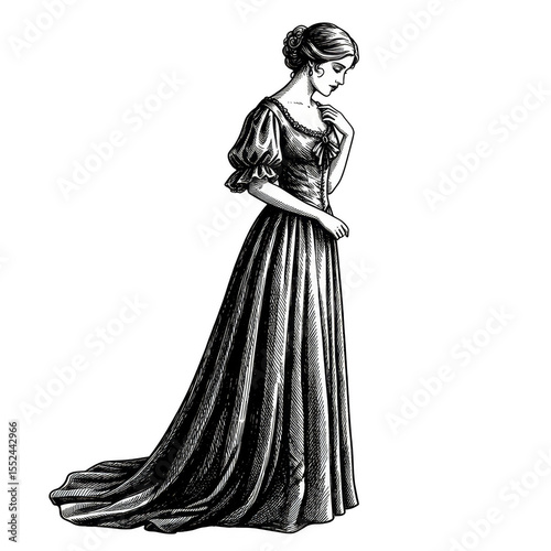 Illustration of Woman in Elegant Long Dress Black and White Silhouette