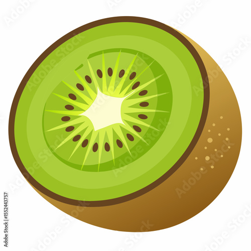 Vibrant slice of fresh kiwi fruit with brown fuzzy skin