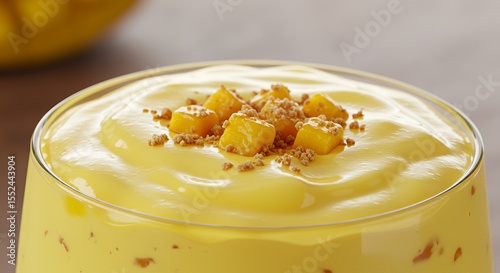 Indulge in the creamy, dreamy delight of this vibrant mango smoothie, topped with crunchy granola and fresh mango cubes ? a tropical taste sensation!
