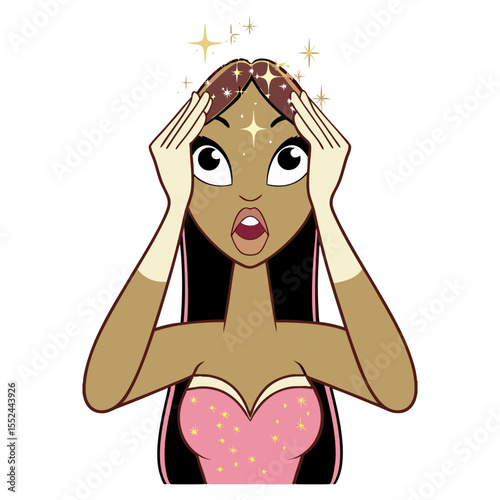 An amazed animated woman with sparkling skin and hair, expressing wonder and surprise, possibly due to a magical effect or a beauty transformation.