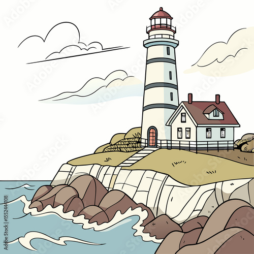 Coastal lighthouse and keeper s house on rocky shoreline