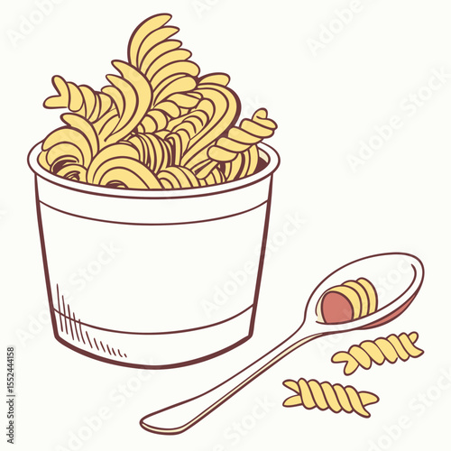 A cup overflowing with rotini pasta and a spoon with pasta