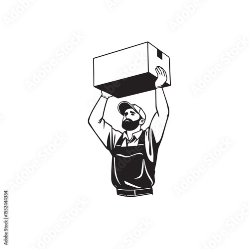Vector art of bearded man in overalls lifting a box isolated on white background