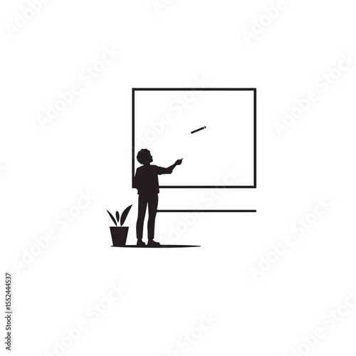 Vector art of teacher presenting at whiteboard in classroom isolated on white background