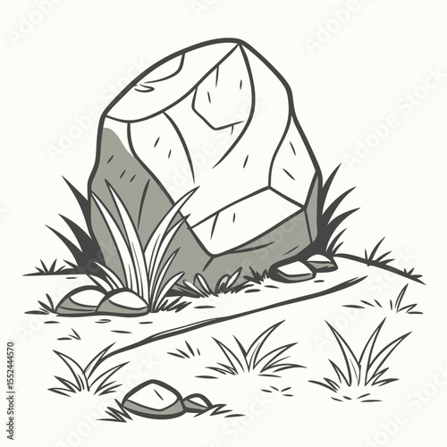 Stylized illustration of a large rock surrounded by grass and smaller stones