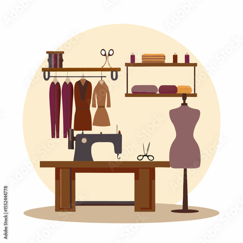 Cozy sewing room with mannequin and hanging garments