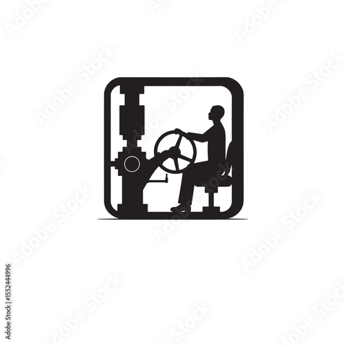 Vector art of man silhouette operating machine isolated on white background