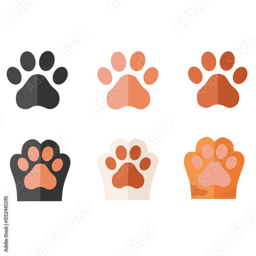 Colorful flat-style cat paw prints and paw pads in various fur colors. Cute vector illustration of cartoon kitten feet, perfect for pet-themed designs and stickers