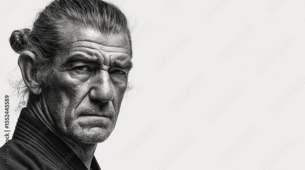 Obraz premium Monochrome portrait of an elderly man with a serious expression, detailed facial features and textured hair in black and white
