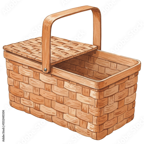 Illustration Wicker Picnic Basket With Lid Open Brown Woven Isolated