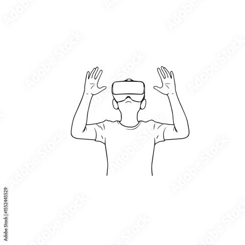 Vector art of man wearing vr headset with hands raised isolated on white background