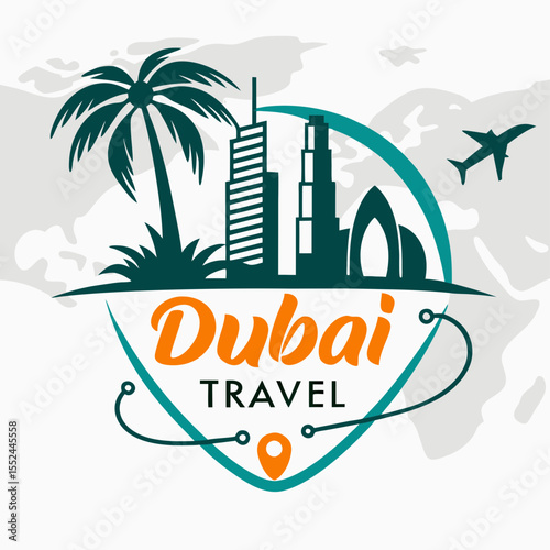 Dubai travel emblem with skyline palm tree and airplane logo design 