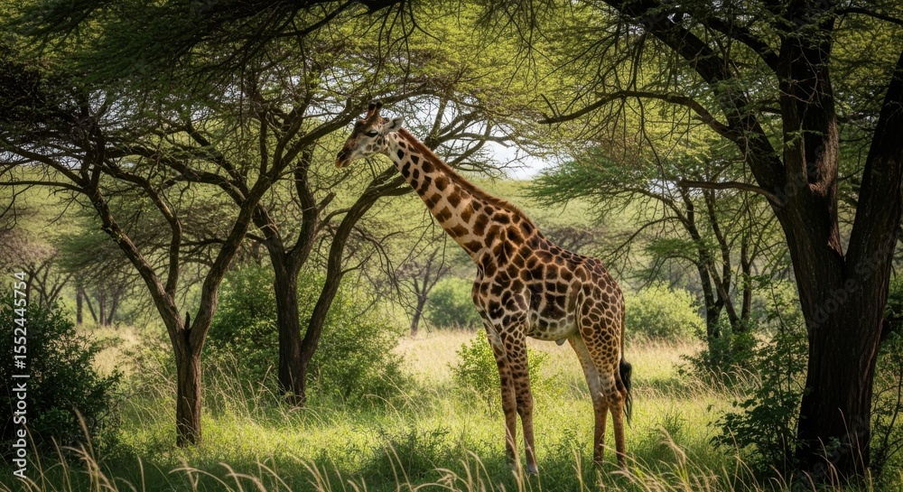 Naklejka premium Majestic Giraffe Stands Tall Among Trees in African Savanna Wildlife Scene