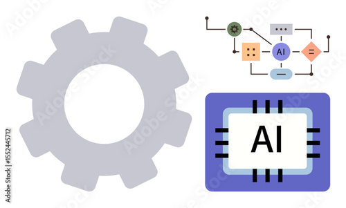 Gear, microchip labeled AI, and a flow chart showcasing AI decision-making. Ideal for technology, automation, innovation, machine learning, data processing engineering AI systems. Clean flat