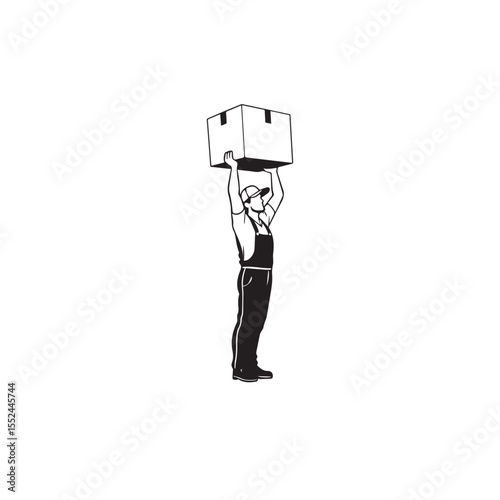 Vector art of man lifting a box overhead in silhouette isolated on white background