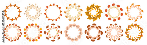 Mushroom circle frame set. Round border made of fall mushrooms. The mushrooms have different shapes and are arranged in a circle. Vector flat isolated on white background.
