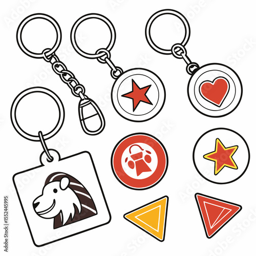 Collection of illustrated keychains and decorative charms with animal and geometric designs