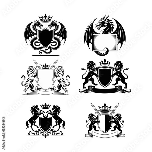 Set of Six Medieval Heraldic Crests and Coat of Arms Designs, featuring mythical dragons, lions, tigers, and horses combined with shields, crowns, and swords for powerful emblem creation.