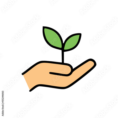 Simple Illustration of Palm Supporting Young Green Leaves Symbolizing Eco-Friendly Practices and Sustainable Development