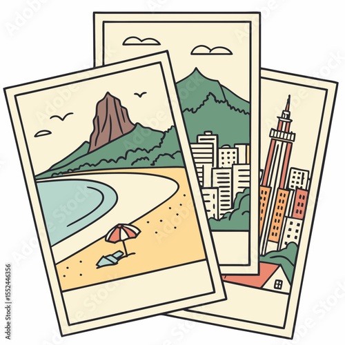 Vintage postcards featuring beach cityscape and mountain views