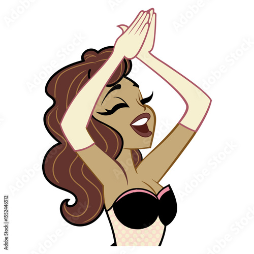 An animated woman with brown hair claps her hands above her head, eyes closed and mouth open in joy or admiration, symbolizing applause, celebration, or worship.